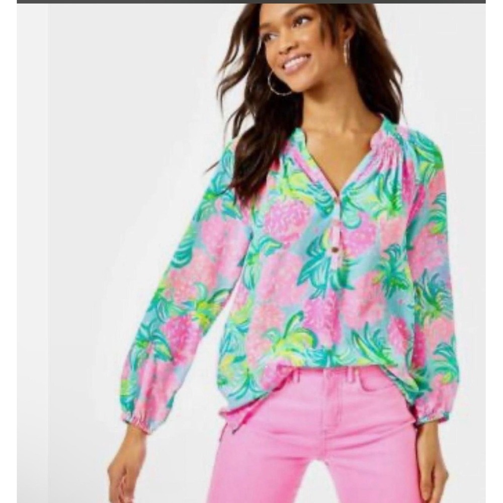Lilly Pulitzer Elsa Silk Top Blue Pink Floral Hibiscus Smocked Blouse Small